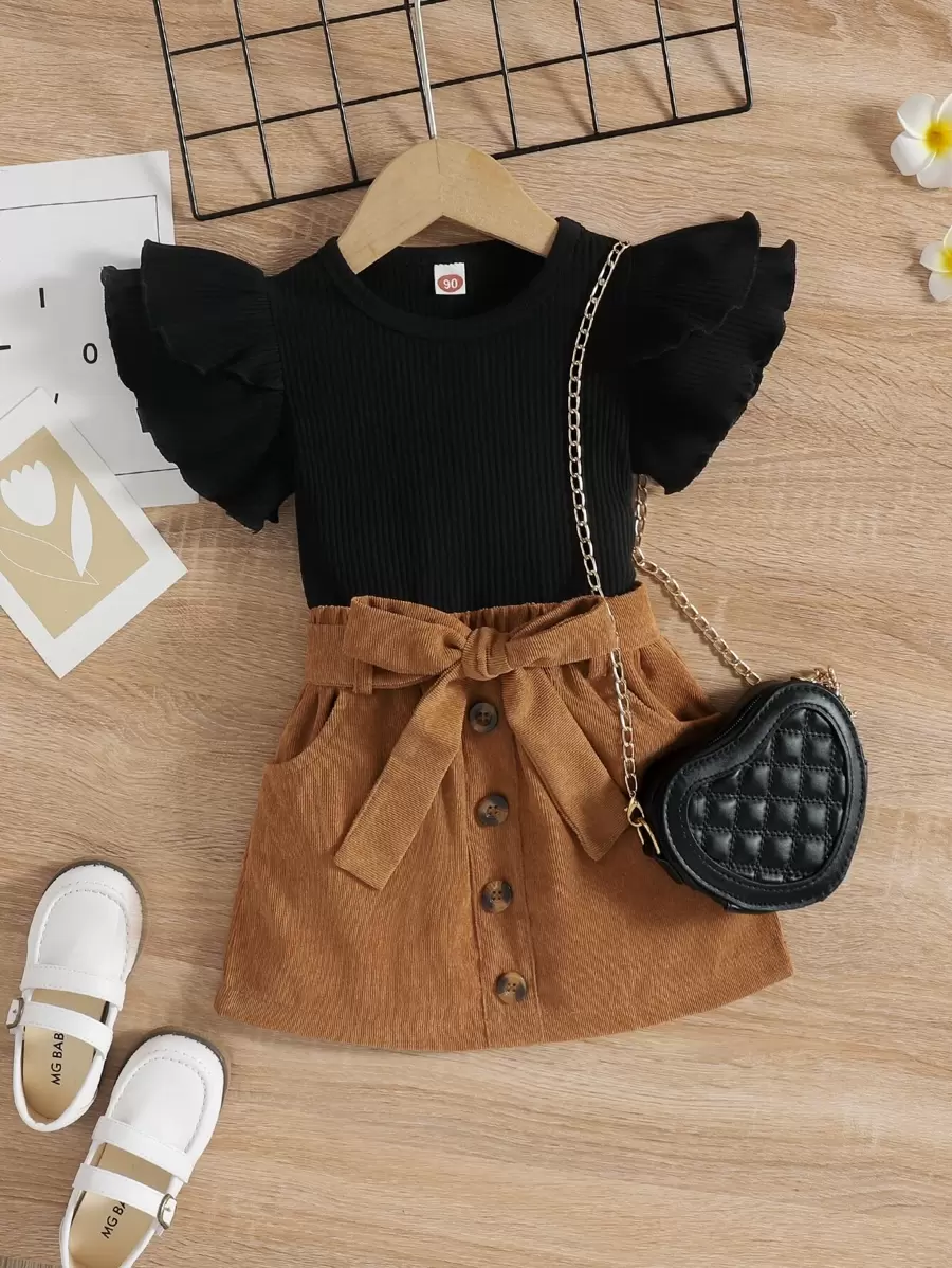 SHEIN 年輕女孩荷葉邊上衣和連身腰帶短裙