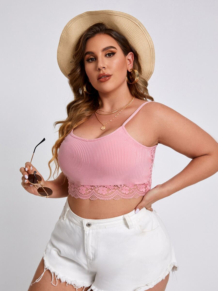 大碼蕾絲拼接吊帶上衣 - 藕粉色 - 查看 1