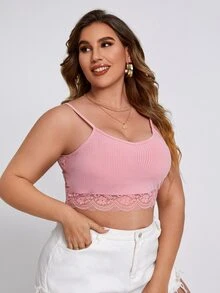 大碼蕾絲拼接吊帶上衣 - 藕粉色 - 查看 5