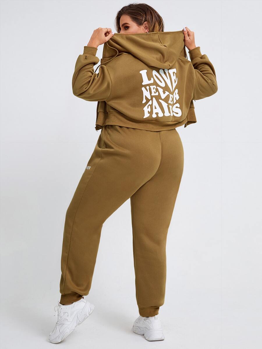 Bộ thời trang Plus Size Dây kéo Slogan Giải trí - Màu Khaki - Xem 1