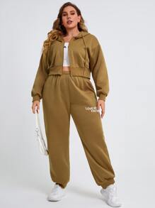 Bộ thời trang Plus Size Dây kéo Slogan Giải trí - Màu Khaki - Xem 2
