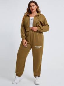 Bộ thời trang Plus Size Dây kéo Slogan Giải trí - Màu Khaki - Xem 3