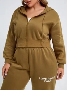 Bộ thời trang Plus Size Dây kéo Slogan Giải trí - Màu Khaki - Xem 4