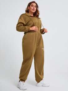 Bộ thời trang Plus Size Dây kéo Slogan Giải trí - Màu Khaki - Xem 5