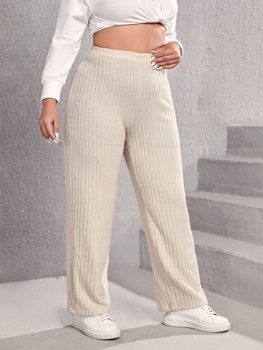 SHEIN EZwear Plus High Waist Ribbed Knit Straight Trousers - Beige - View 1