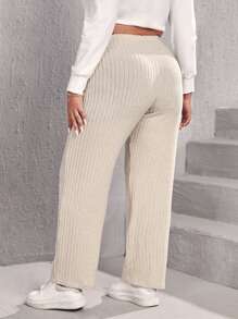 SHEIN EZwear Plus High Waist Ribbed Knit Straight Trousers - Beige - View 2