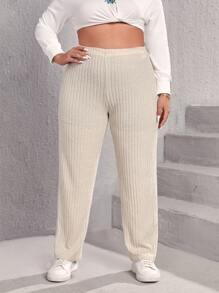 SHEIN EZwear Plus High Waist Ribbed Knit Straight Trousers - Beige - View 3