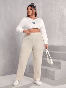SHEIN EZwear Plus High Waist Ribbed Knit Straight Trousers - Beige - View 4