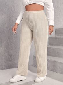 SHEIN EZwear Plus High Waist Ribbed Knit Straight Trousers - Beige - View 5