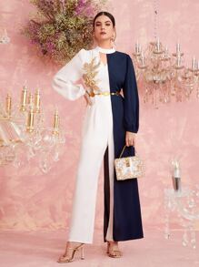 Modelyn Colour Block Appliques Detail Jumpsuit Without Belt - Blue and White - View 1