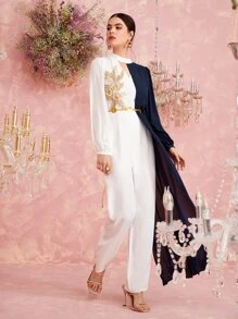 Modelyn Colour Block Appliques Detail Jumpsuit Without Belt - Blue and White - View 3