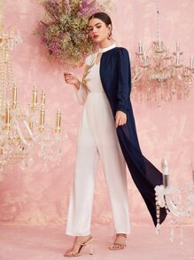 Modelyn Colour Block Appliques Detail Jumpsuit Without Belt - Blue and White - View 4