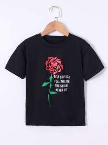 Toddler Girls Rose & Slogan Graphic Tee - Black - View 1