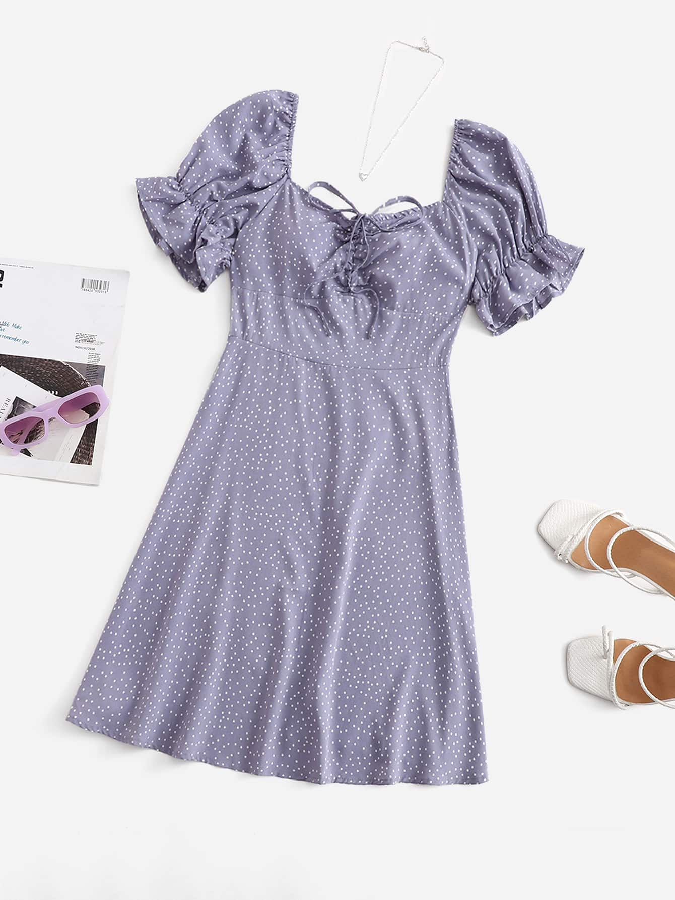 Soleia 大碼波卡圓點荷葉邊袖連衣裙 - 淡紫色 - 查看 1