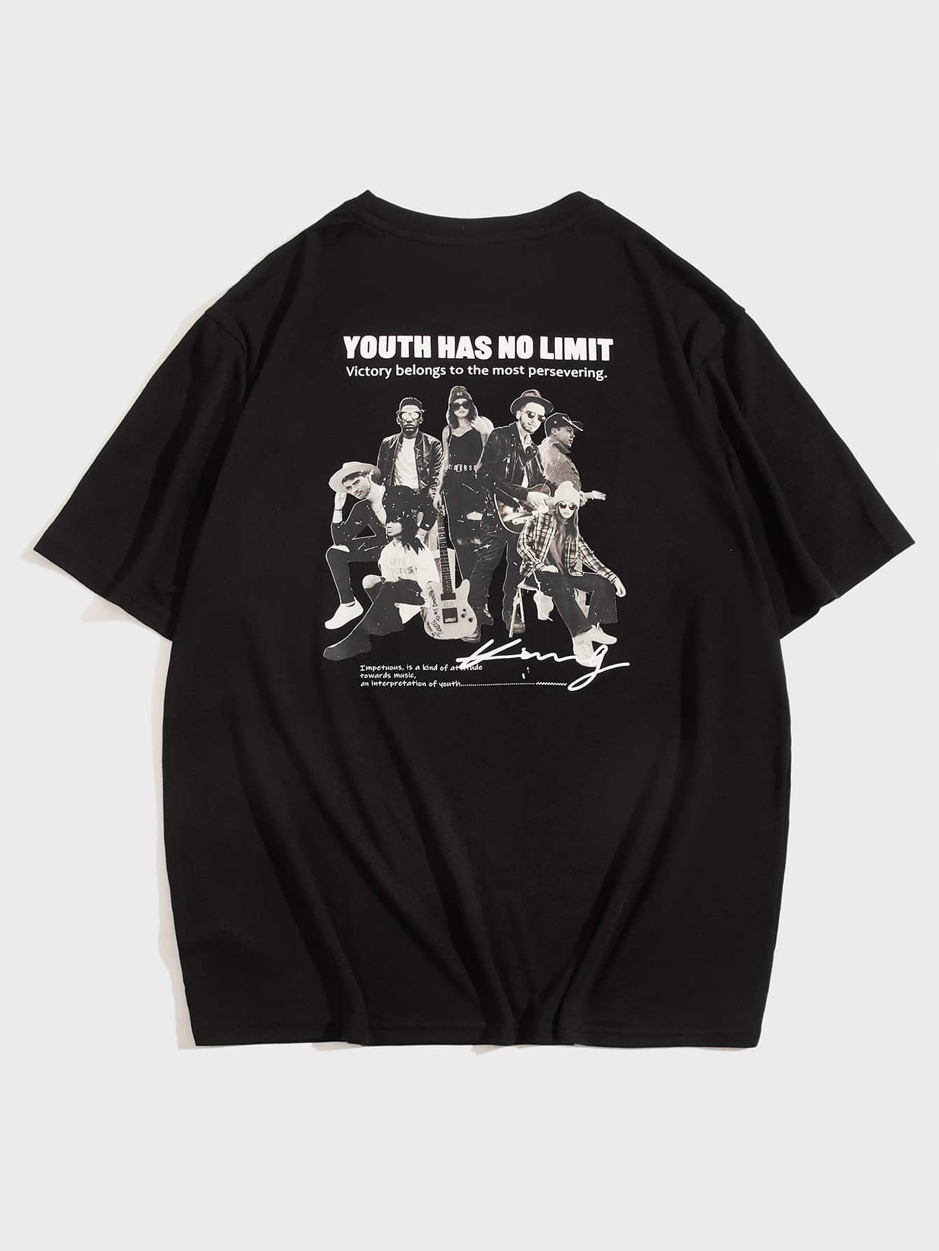 Manfinity VCAY 男士標語和人物圖案T恤 - 黑色 - 查看 1