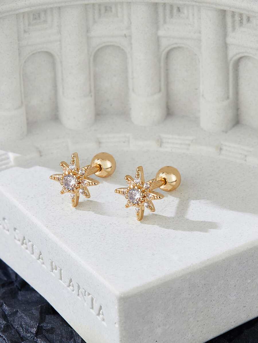 Cubic Zirconia Decor Stud Earrings - Yellow Gold - View 1