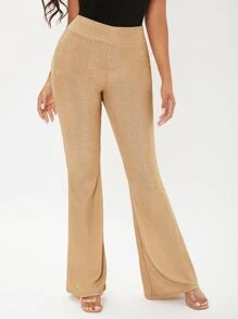 SHEIN Flare Leg Glitter Trousers - Champagne - View 1