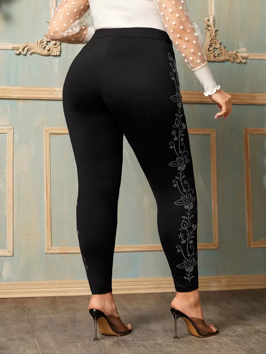 SHEIN Clasi Plus Rhinestone Floral Leggings - Black - View 1