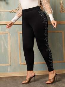 SHEIN Clasi Plus Rhinestone Floral Leggings - Black - View 4