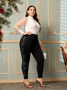SHEIN Clasi Plus Rhinestone Floral Leggings - Black - View 5