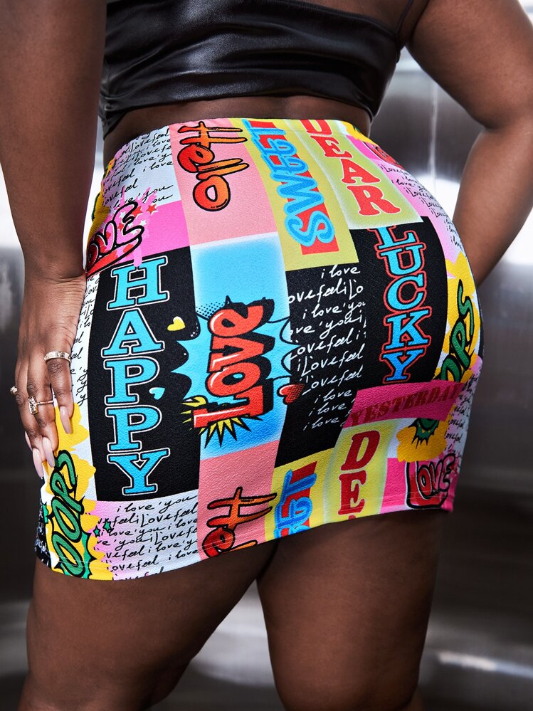 SHEIN SXY Jupe moulante taille haute à imprimé pop art - Multicolore - Voir 2