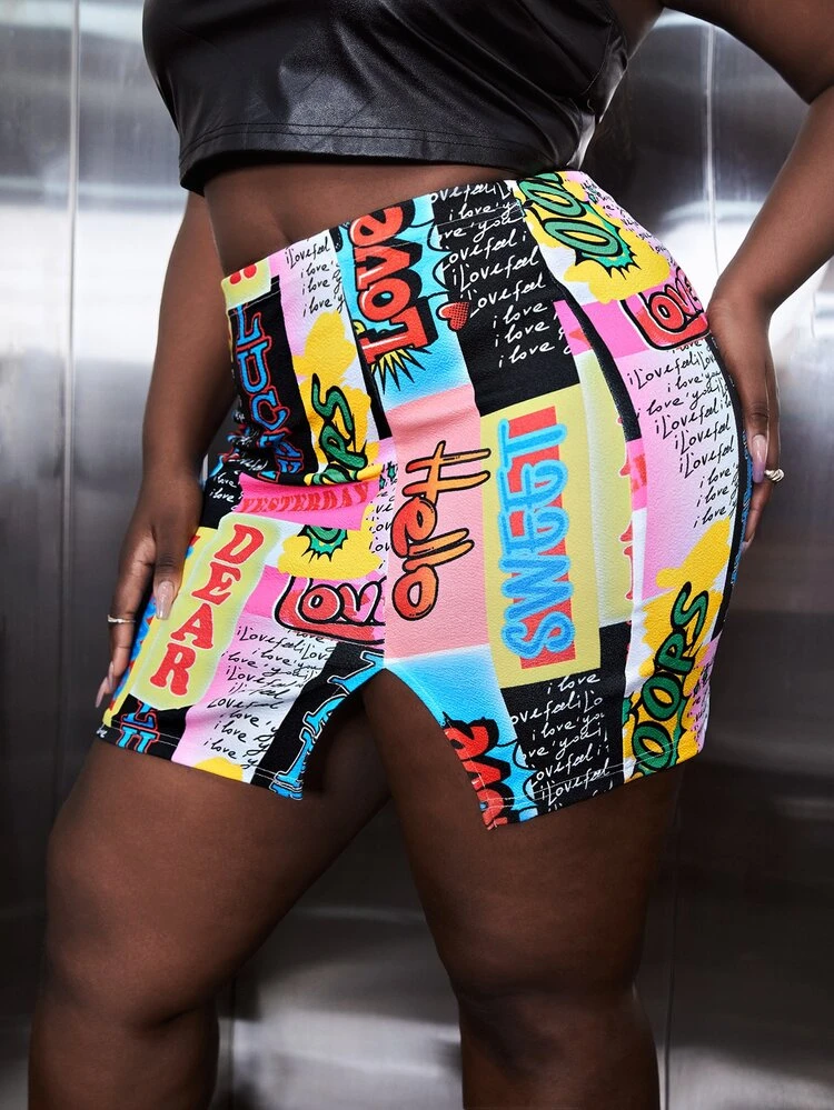 SHEIN SXY Jupe moulante taille haute à imprimé pop art - Multicolore - Voir 3