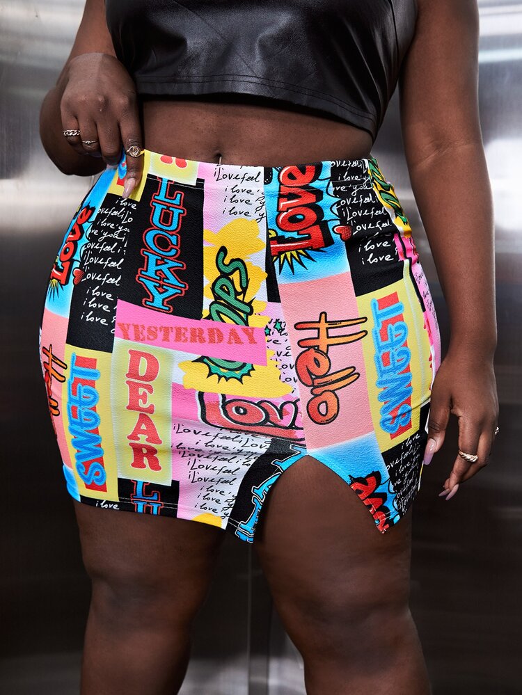 SHEIN SXY Jupe moulante taille haute à imprimé pop art - Multicolore - Voir 6