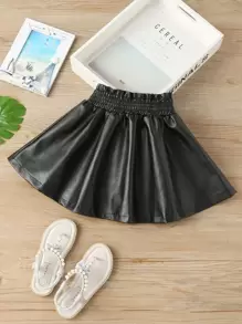 SHEIN 少女收褶pu擺裙 - 黑色 - 查看 1