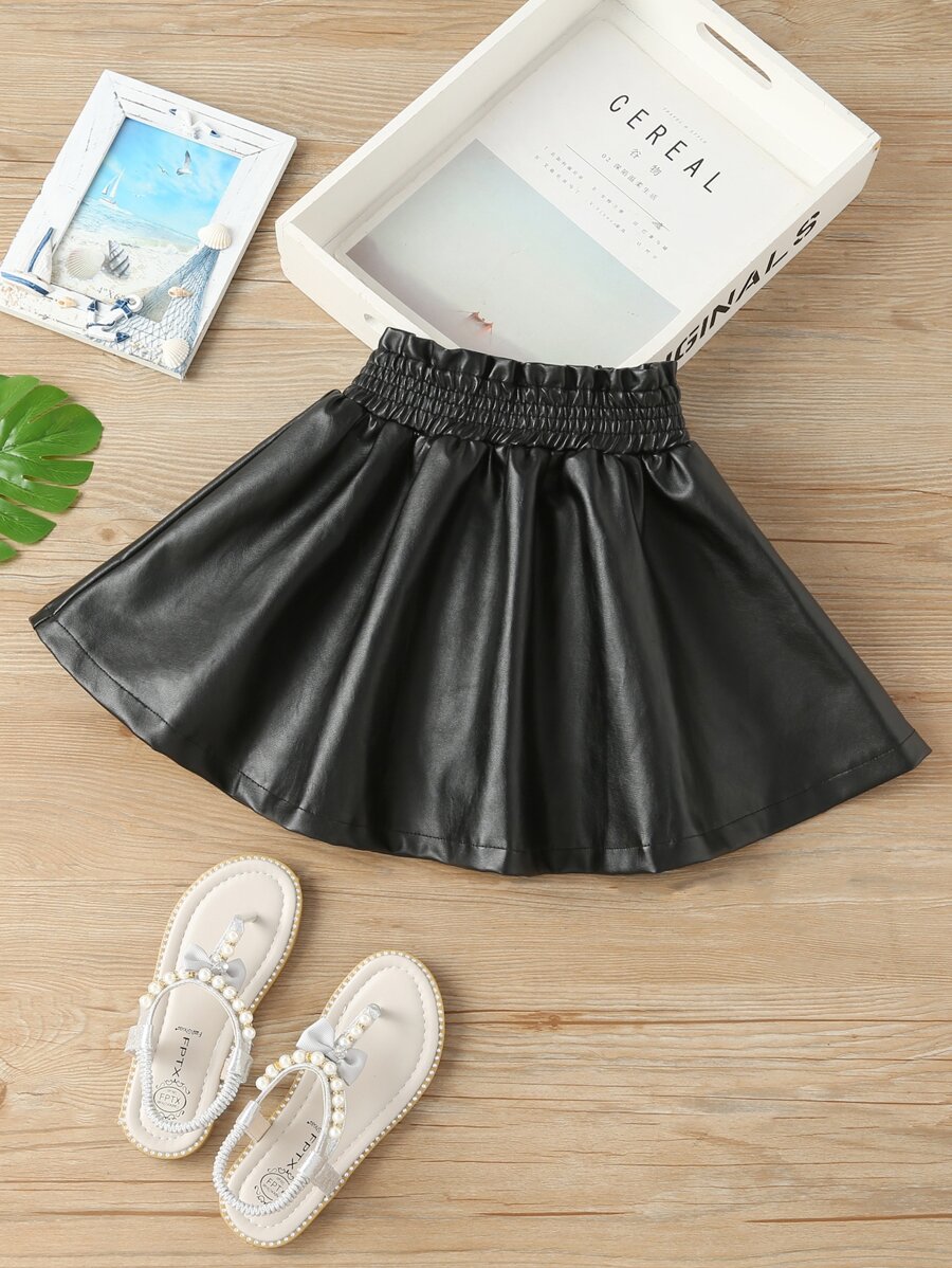 SHEIN 少女收褶pu擺裙 - 黑色 - 查看 1