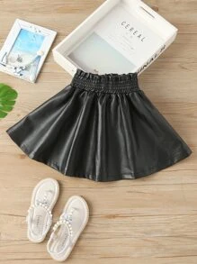 SHEIN 少女收褶pu擺裙 - 黑色 - 查看 2