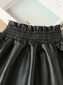 SHEIN 少女收褶pu擺裙 - 黑色 - 查看 3