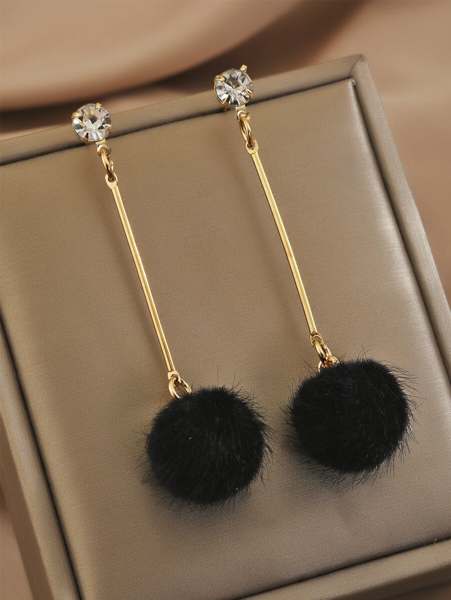 小絨球耳墜 - 黑色 - 查看 1