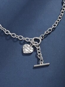 情人節雕刻字母愛心掛飾項鍊 - 銀色 - 查看 2