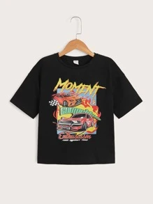 SHEIN Niñas Camiseta con estampado de coche y letra - Negro - Ver 1