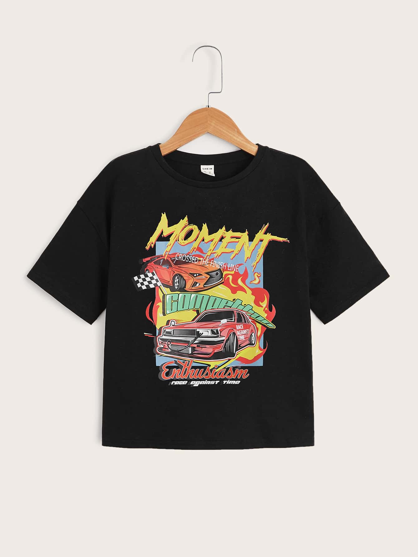SHEIN Niñas Camiseta con estampado de coche y letra - Negro - Ver 1