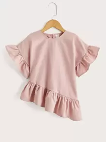 SHEIN Girls Keyhole Back Ruffle Detail Top - Dusty Pink - View 1