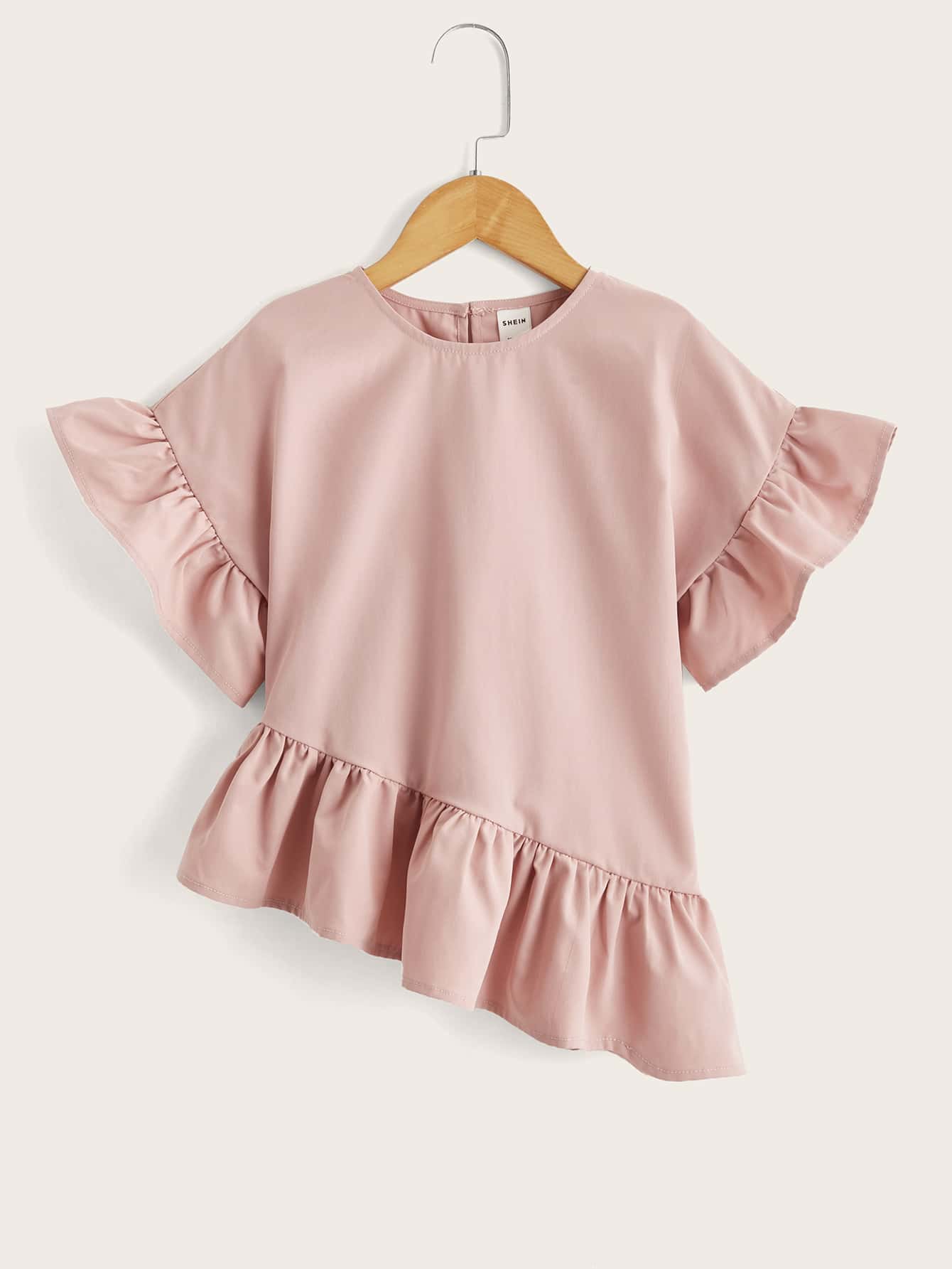 SHEIN Girls Keyhole Back Ruffle Detail Top - Dusty Pink - View 1
