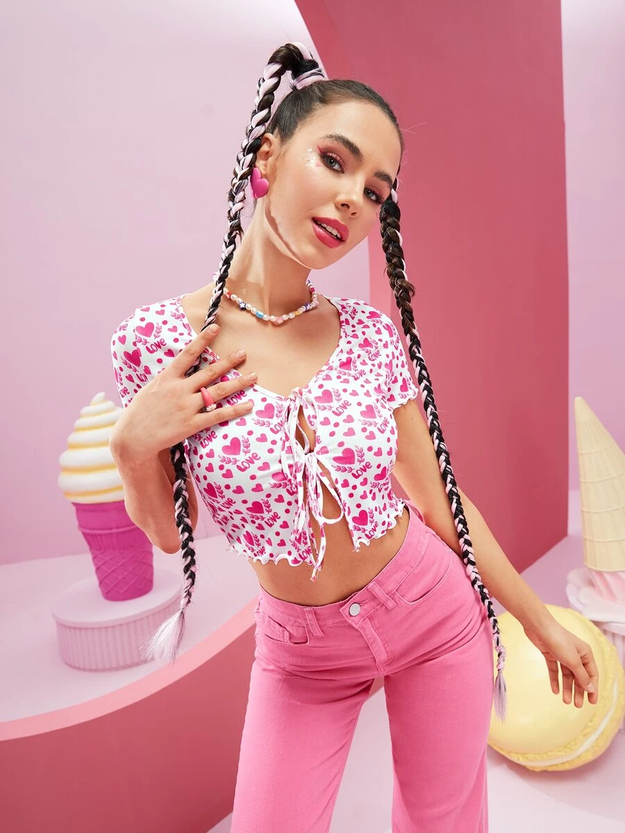 ViktoriiavkArt 愛心和字母圖案前繫帶短款上衣 - 彩色 - 查看 1