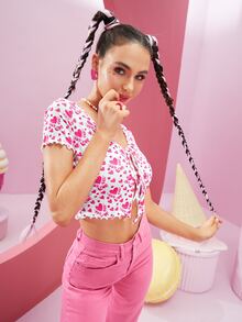 ViktoriiavkArt 愛心和字母圖案前繫帶短款上衣 - 彩色 - 查看 4