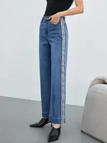 MOTF PREMIUM Jeans con cinta de rayas pierna ancha - Azul lavado medio - Ver 1