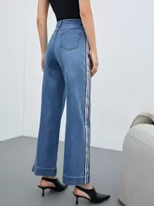 MOTF PREMIUM Jeans con cinta de rayas pierna ancha - Azul lavado medio - Ver 2