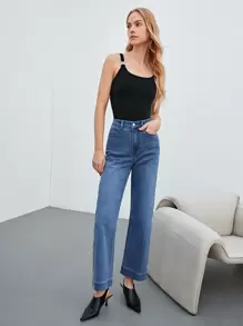 MOTF PREMIUM Jeans con cinta de rayas pierna ancha - Azul lavado medio - Ver 3