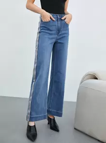 MOTF PREMIUM Jeans con cinta de rayas pierna ancha - Azul lavado medio - Ver 4