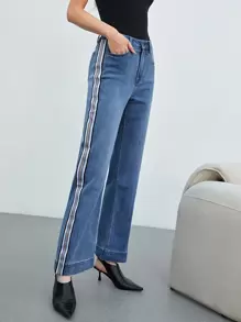 MOTF PREMIUM Jeans con cinta de rayas pierna ancha - Azul lavado medio - Ver 5