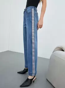 MOTF PREMIUM Jeans con cinta de rayas pierna ancha - Azul lavado medio - Ver 7