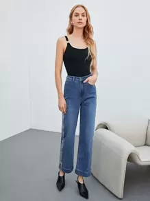 MOTF PREMIUM Jeans con cinta de rayas pierna ancha - Azul lavado medio - Ver 8