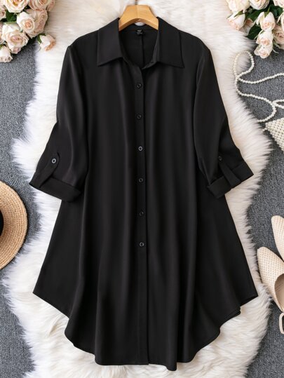 SHEIN Clasi 플러스 사이즈 여성용 솔리드 컬러 우븐 긴소매 셔츠 드레스, 커프스 소매 밑단, 업무 및 캐주얼 웨어에 적합