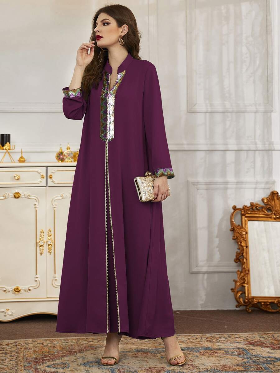 Al Najma Vestido largo con insertos de paneles con lentejuelas, kaftan modesto - Morado - Ver 1