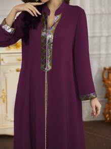 Al Najma Vestido largo con insertos de paneles con lentejuelas, kaftan modesto - Morado - Ver 4