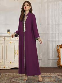 Al Najma Vestido largo con insertos de paneles con lentejuelas, kaftan modesto - Morado - Ver 6